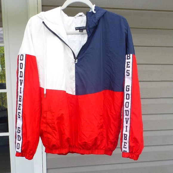 Rachel Riley Tops - Riley & James Hoodie M Red White Blue Windbreaker "Good Vibes" 1/2 Zip